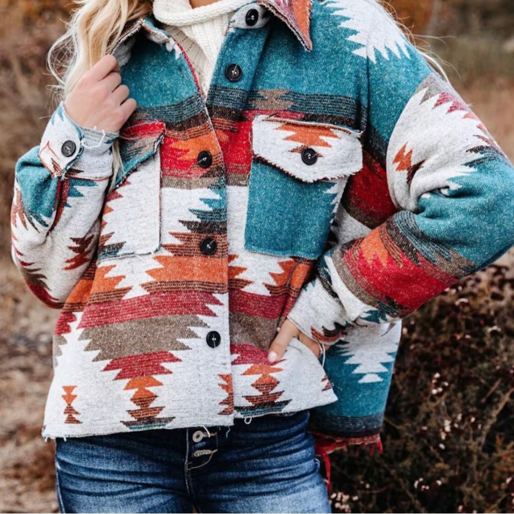 la miel Zion Western Aztec Boho Button Down Shirt Jacket Shacket Boxy Oversized